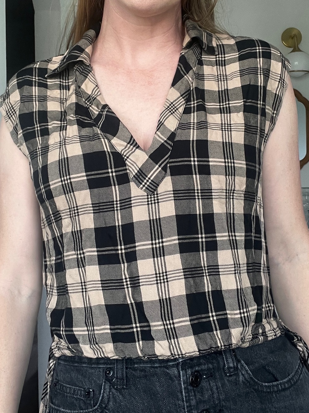 Express Black and Beige Plaid Sleeveless V-Neck Top adjustable tie waste